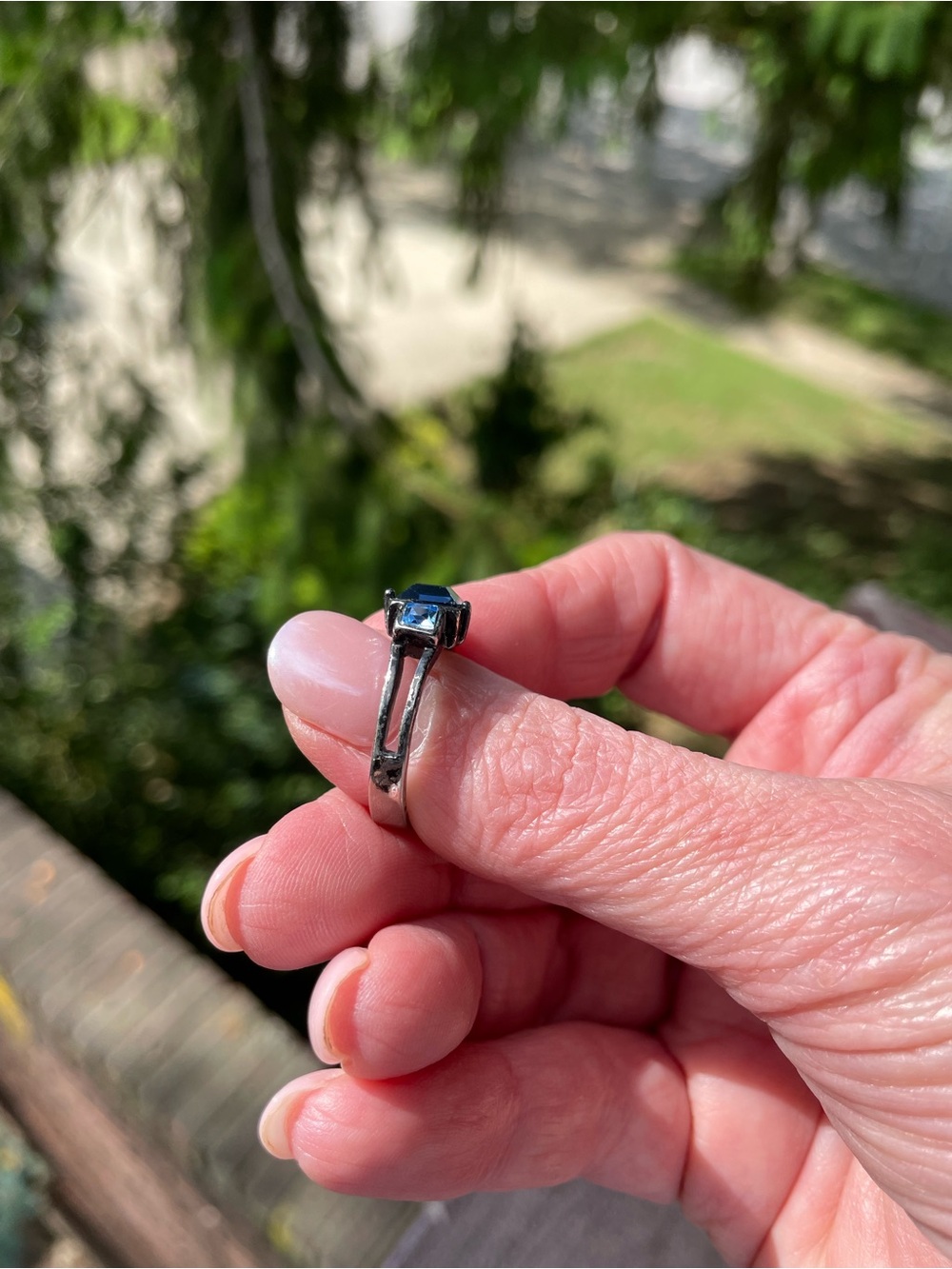 Elegant Cocktail Ring with Dark and Light Blue Stones in Dark Metal Finish, 7 - Picture 11 of 12